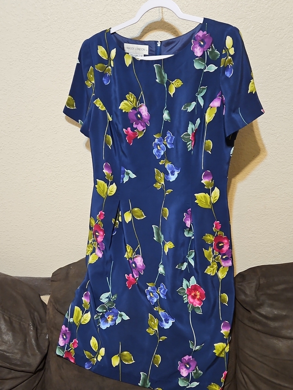 Maggy London 100% Silk Navy Floral Midi Dress